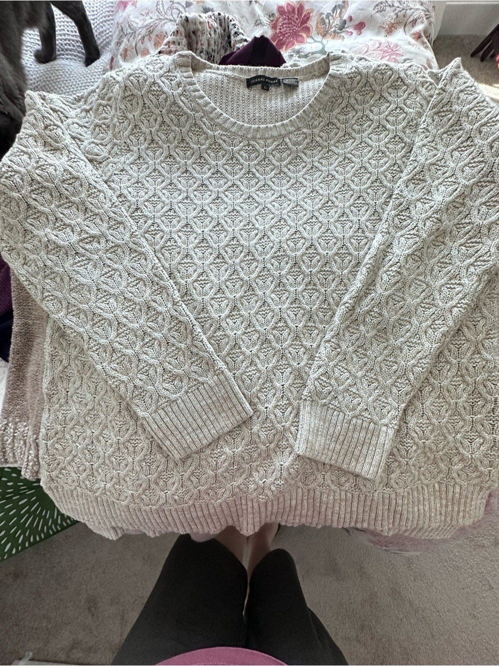 JEANNE PIERRE Cream Cable Knit Crewneck Sweater